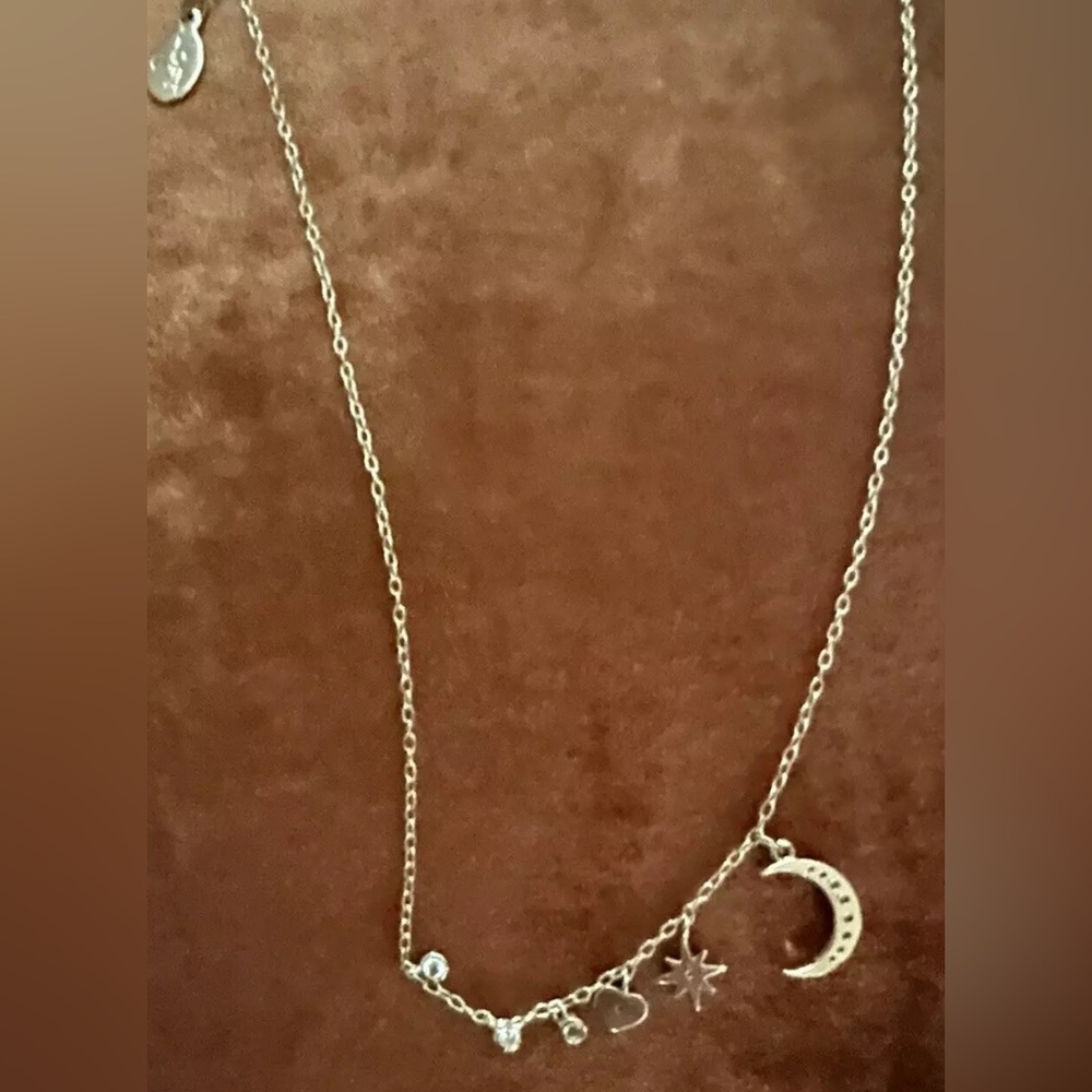 LOFT Dainty Minimalist Celestial Necklace Crescent Moon Stars Rhinestones